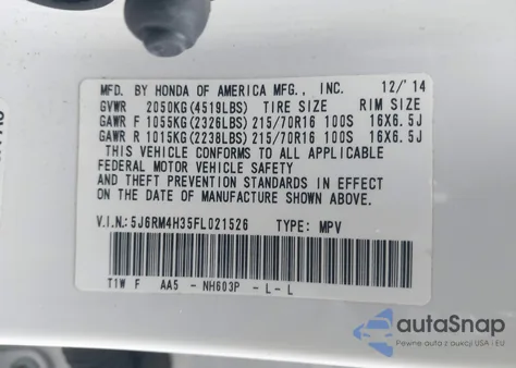 2015 Honda Cr-V Lx из США, поврежденный, VIN 5J6RM4H35FL021526